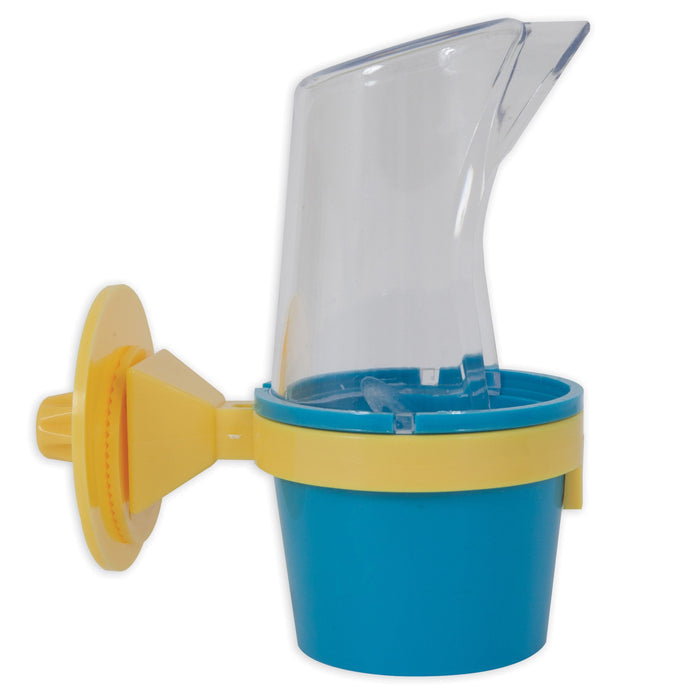 The JW Clean Cup Bird Feed & Water Cup by JW Pet is a blue and yellow plastic feeder with a clear top and suction cup mount, perfect for attaching to windows or smooth surfaces to offer food or water.