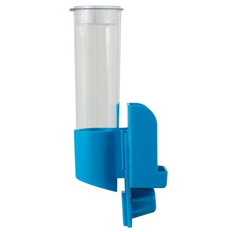 The JW Clean Seed Silo Bird Feeder by JW Pet is a transparent cylindrical feeder with a blue base and perch, designed to attach to birdcages for easy feeding and reduced seed spills.