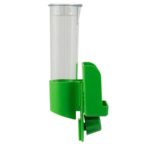 The JW Pet JW Clean Seed Silo Bird Feeder is a clear plastic feeder with a green base and attachment clip for easy birdcage mounting. Its gravity design allows simple refilling and helps reduce seed spills.