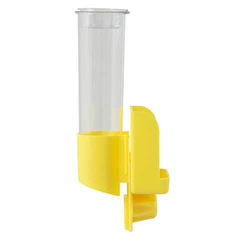 The JW Pet JW Clean Seed Silo Bird Feeder is a clear cylindrical plastic feeder with a yellow base and mounting bracket, designed for birdcage side attachment. Its gravity design reduces seed spills and offers easy access for birds.