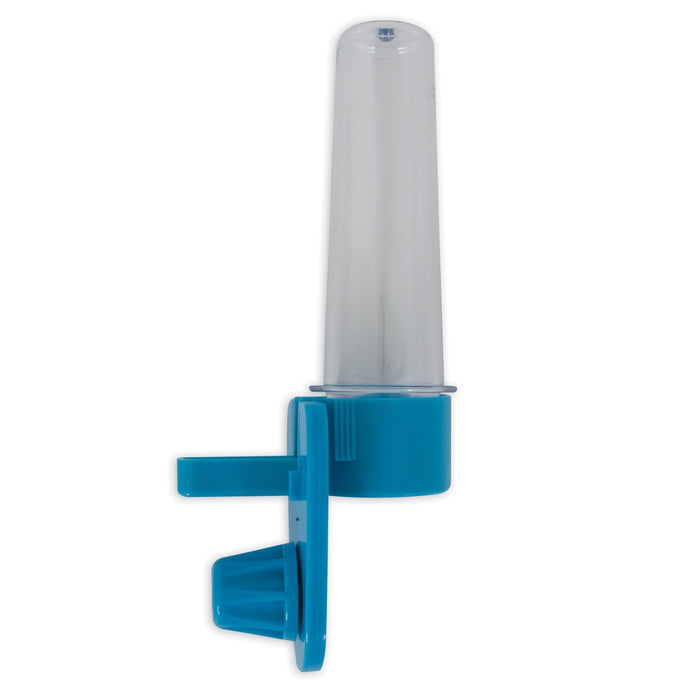 The JW Pet Clean Water Silo Bird Waterer features a blue and clear cylindrical reservoir with nozzle, attaches easily to cage bars, and is perfect for small animals—an ideal addition to your bird cage accessories.