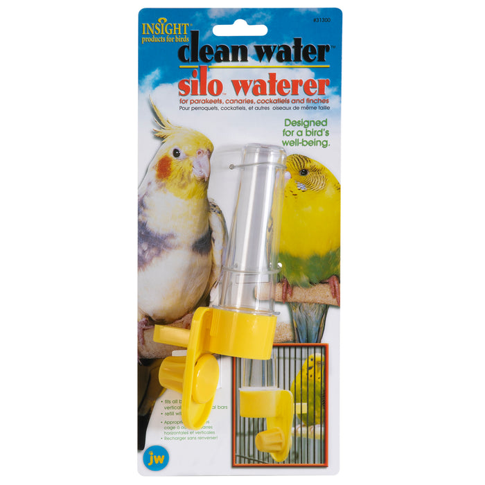 The JW Pet Clean Water Silo Bird Waterer is a must-have for parakeets, canaries, cockatiels, and finches. It features a clear dispenser with yellow accents and images of two birds—perfect for upgrading your bird cage accessories.