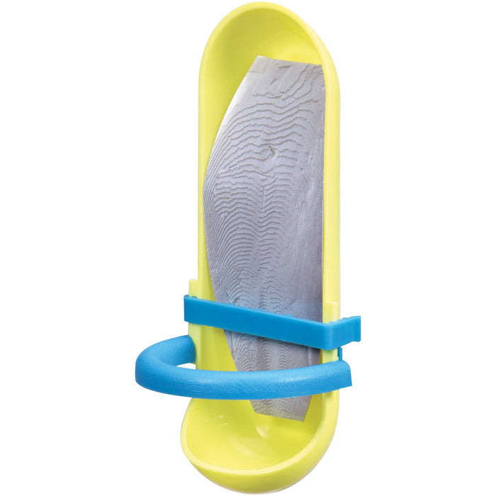 The JW Pet JW Cuttlebone Holder is a yellow plastic soap-style holder with a curved blue band, designed to attach to bird cages for holding calcium, treats, or cuttlebones as a convenient accessory for your pet bird.