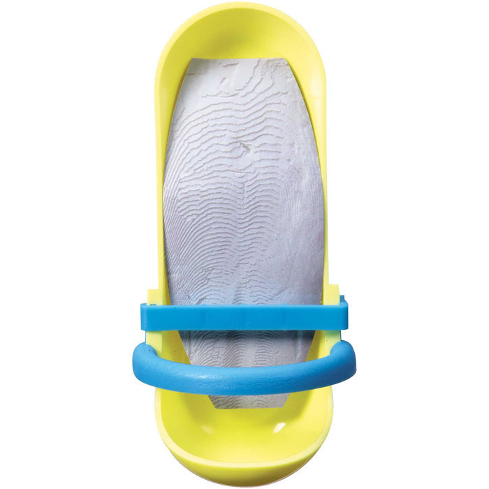 The JW Pet JW Cuttlebone Holder is a yellow accessory with a textured gray interior and two blue bands, seen from above—a practical bird cage addition for supplying essential calcium to pet birds.