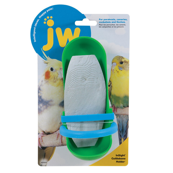 The JW Pet Cuttlebone Holder, in green and blue, includes a cuttlebone and features JW branding. This bird cage accessory is ideal for parakeets, canaries, cockatiels, and finches to help provide essential calcium.