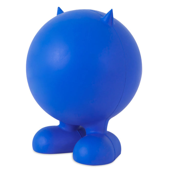 The JW Cuz Dog Toy by JW Pet is a blue, round squeaker ball character with two small pointy ears and oversized feet. Made from natural rubber and faceless, it’s a playful toy designed for dogs.