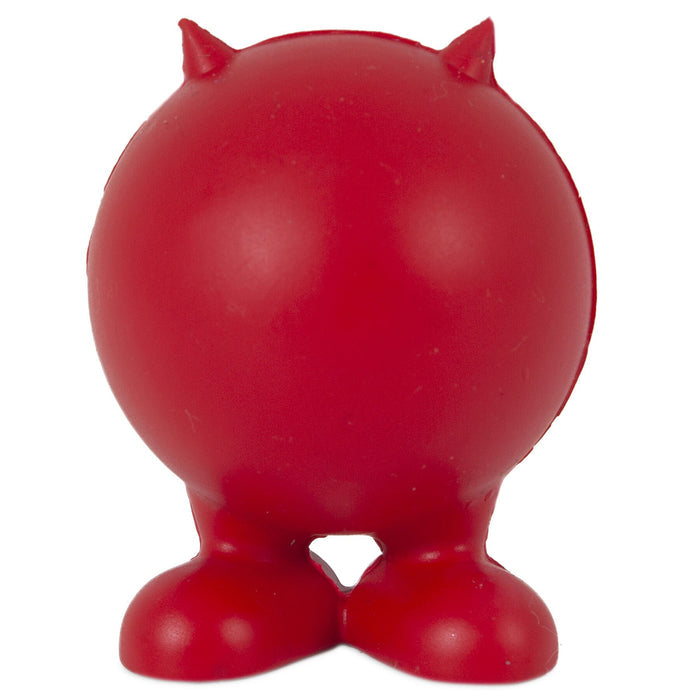 The JW Cuz Dog Toy by JW Pet is a round, red natural rubber dog toy with two small horns and large feet, resembling a simple cartoon devil. It has no visible face or arms.