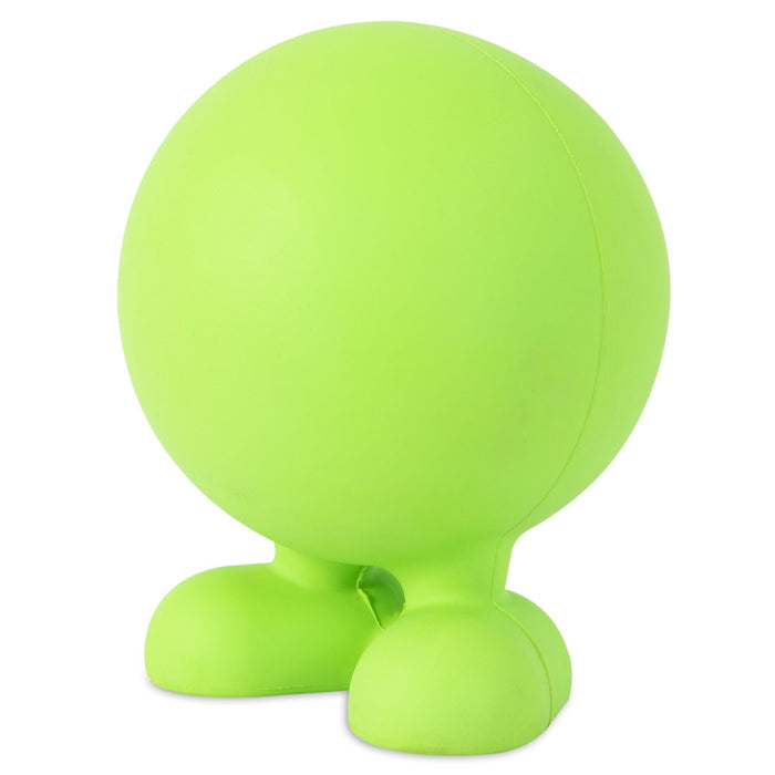 The JW Cuz Dog Toy by JW Pet is a bright green, round toy made from natural rubber, featuring no visible face or arms and standing upright on two large, rounded feet—perfect for playful pups.