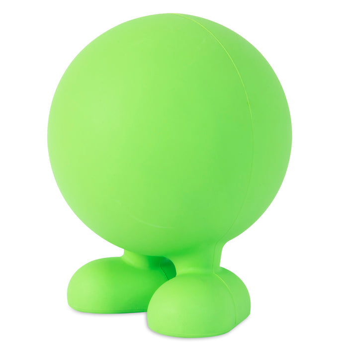The JW Cuz Dog Toy by JW Pet is a bright green, round natural rubber toy with two rounded feet, resembling a simple cartoon character. It stands upright on a white background, has no facial features or arms, and looks like a quirky dog toy.