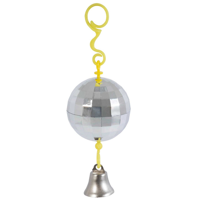 The JW Disco Ball Bird Toy by JW Pet features shiny mirrored tiles, a metallic bell at the bottom, and hangs from a yellow plastic hook—an ideal way to keep your bird entertained in its cage.