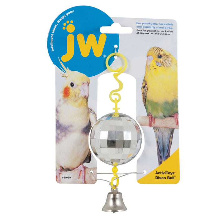 The JW Pet Disco Ball Bird Toy, packaged with a featured cockatiel and parakeet, includes a bell for cage boredom relief. Packaging shows the JW logo and product info for the Activitoys Disco Ball Bird Toy.