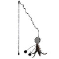 The JW Feather Ball Cat Wand by JW Pet features a black and white feather design with a long stick, spiraled ribbon, round plush ball, two pom-poms, and dark feathers—perfect for keeping your cat entertained.