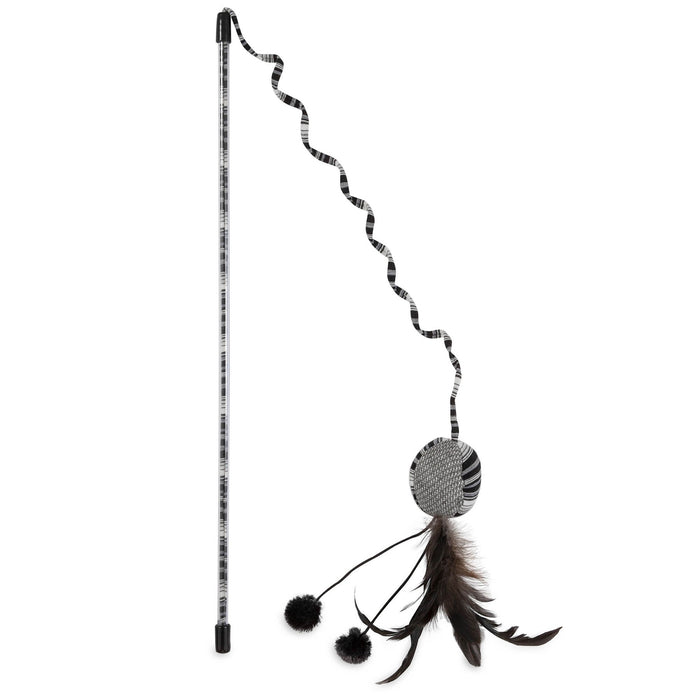 The JW Feather Ball Cat Wand by JW Pet features a black and white feather design with a long stick, spiraled ribbon, round plush ball, two pom-poms, and dark feathers—perfect for keeping your cat entertained.