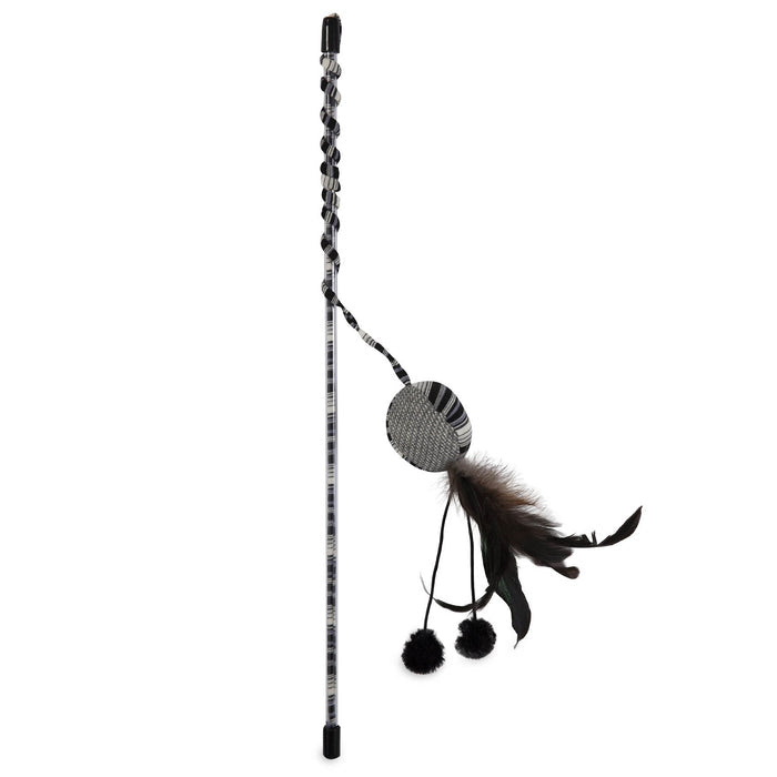 The JW Pet JW Feather Ball Cat Wand features a striped handle attached to a round, striped fabric ball with black feathers and two black pom-poms dangling from strings.
