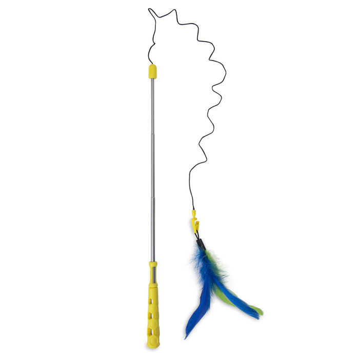 The JW Pet JW Flutter-ee Feathers Telescopic Cat Wand has a yellow handle and flexible wire with blue and green feathers, creating a fun, interactive cat toy perfect for playful felines.