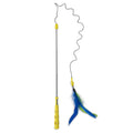 The JW Pet JW Flutter-ee Feathers Telescopic Cat Wand has a yellow handle and flexible wire with blue and green feathers, creating a fun, interactive cat toy perfect for playful felines.