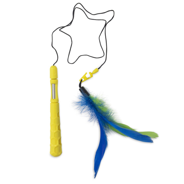 The JW Pet JW Flutter-ee Feathers Telescopic Cat Wand features a yellow handle, a star-shaped black string, and a clip holding blue and green feathers for interactive play with your cat.