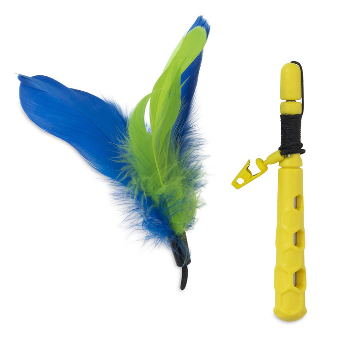 The JW Flutter-ee Feathers Telescopic Cat Wand by JW Pet features a yellow plastic handle with a clip and vibrant blue and green feathers, making it an engaging interactive feather toy for cats.