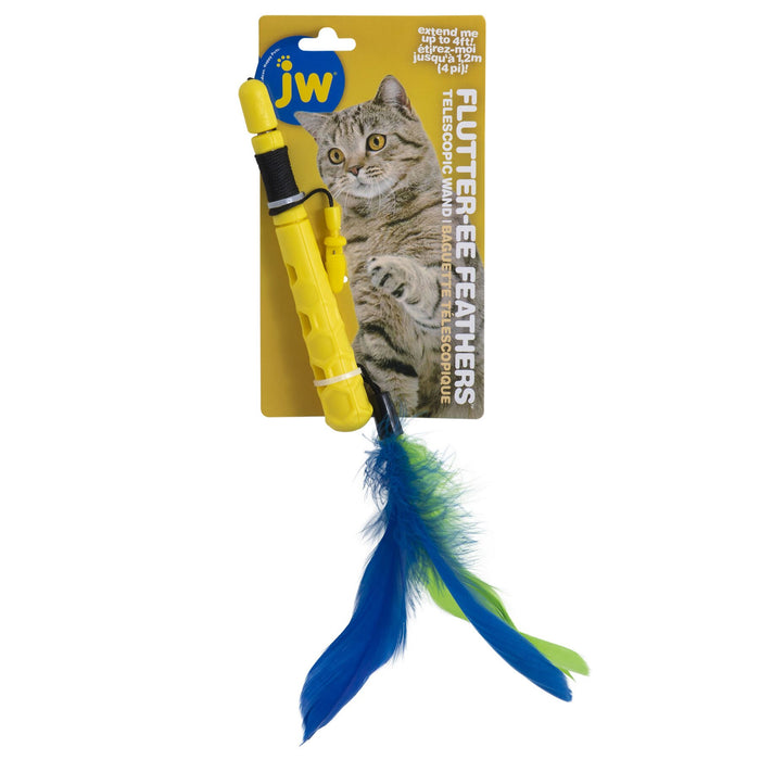 The JW Pet JW Flutter-ee Feathers Telescopic Cat Wand is a yellow interactive toy with blue and green feathers, attached to cardboard packaging displaying a gray tabby cat and the product name.