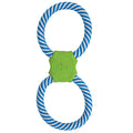 The JW Pet JW Giggle Tug Dog Toy has two blue and white rope loops linked by a green rubber center with a paw print and "JW" embossed on it, forming a figure-eight shape.