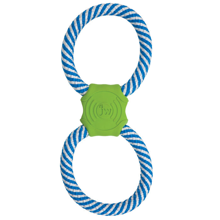 The JW Pet JW Giggle Tug Dog Toy has two blue and white rope loops linked by a green rubber center with a paw print and "JW" embossed on it, forming a figure-eight shape.