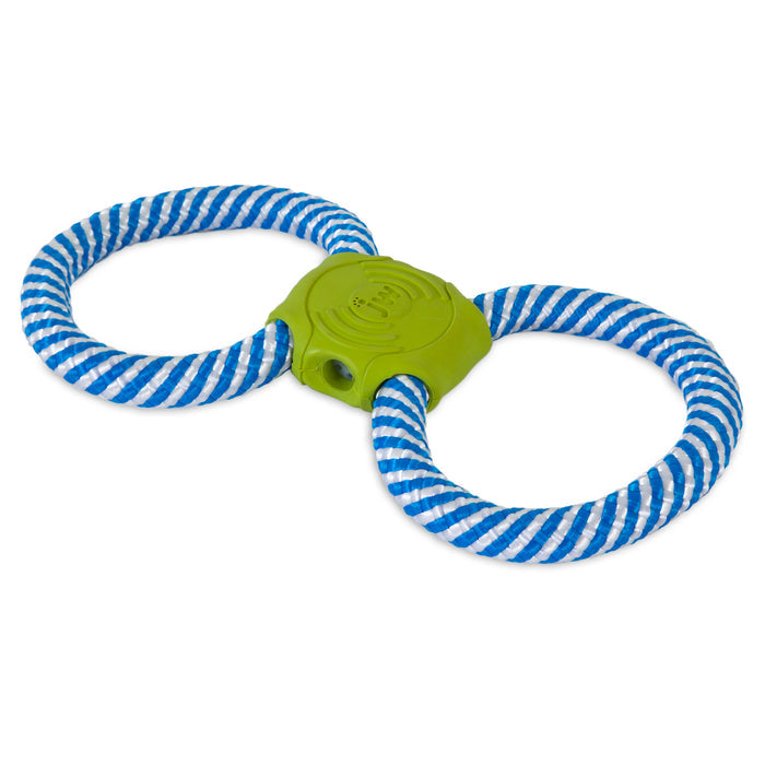 The JW Giggle Tug Dog Toy by JW Pet features two blue and white rope loops joined by a green plastic center, ideal for interactive play and fetch with your dog.