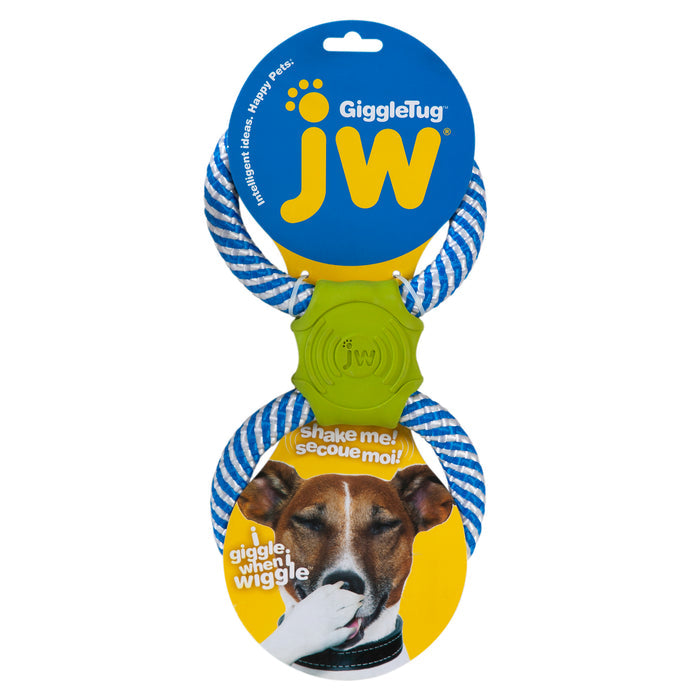 JW Pet’s JW Giggle Tug Dog Toy features a braided blue and white rope with a green center. The packaging shows a laughing dog and promotes fun giggle sounds—just shake for wiggling, interactive play!.