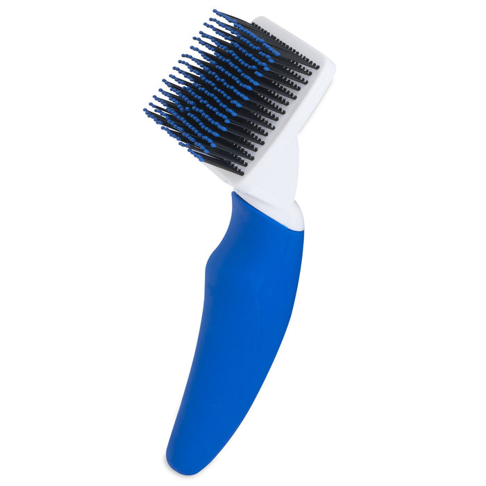 The JW Gripsoft Cat Brush by JW Pet features a blue ergonomic handle and black bristles. Its rectangular head detangles and removes shedding fur, making it ideal for daily cat grooming.