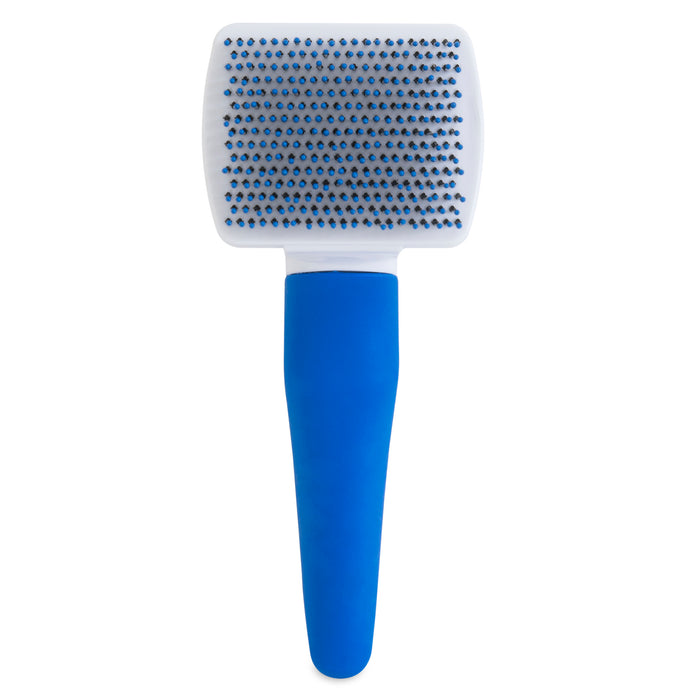 The JW Gripsoft Cat Brush by JW Pet features a blue handle and a rectangular white head with closely spaced metal bristles, perfect for cat grooming and effective shedding fur removal.