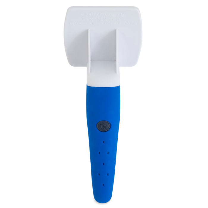 The JW Gripsoft Cat Brush by JW Pet features a white rectangular head and a blue ergonomic handle, ideal for grooming and shedding fur removal. Shown upright against a white background.