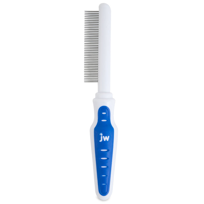 The JW Gripsoft Cat Comb by JW Pet features metal teeth and a curved, ergonomic handle in blue and white—ideal for grooming cats and preventing hairballs.