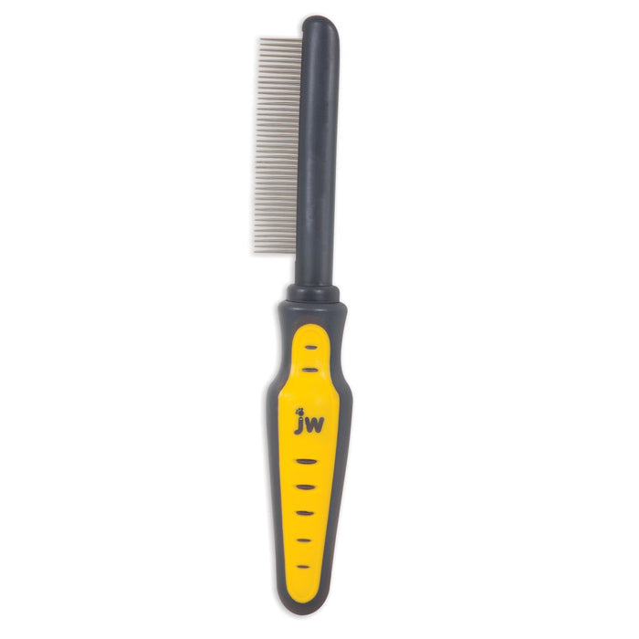 The JW Gripsoft Cat Comb by JW Pet features a yellow and black long handle and closely spaced metal teeth for effective grooming, detangling, loose fur removal, and hairball prevention in cats.