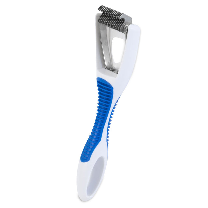 The JW Gripsoft Cat Deshedding Tool by JW Pet is a white and blue grooming tool with a curved handle and multiple stainless steel blades, designed to remove loose fur and tangles from cat coats.