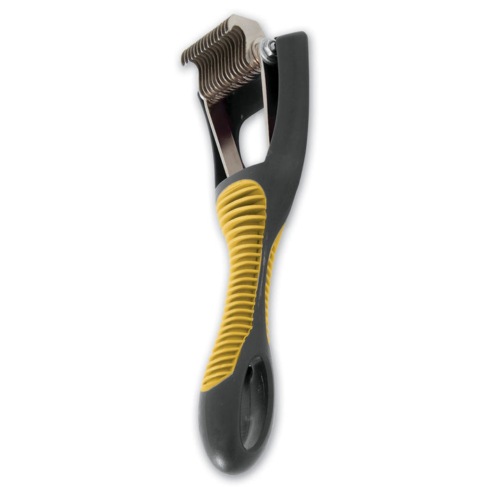 The JW Pet JW Gripsoft Cat Deshedding Tool features stainless steel blades and a curved handle in black and yellow, designed to remove loose fur and tangles from your cat’s coat.