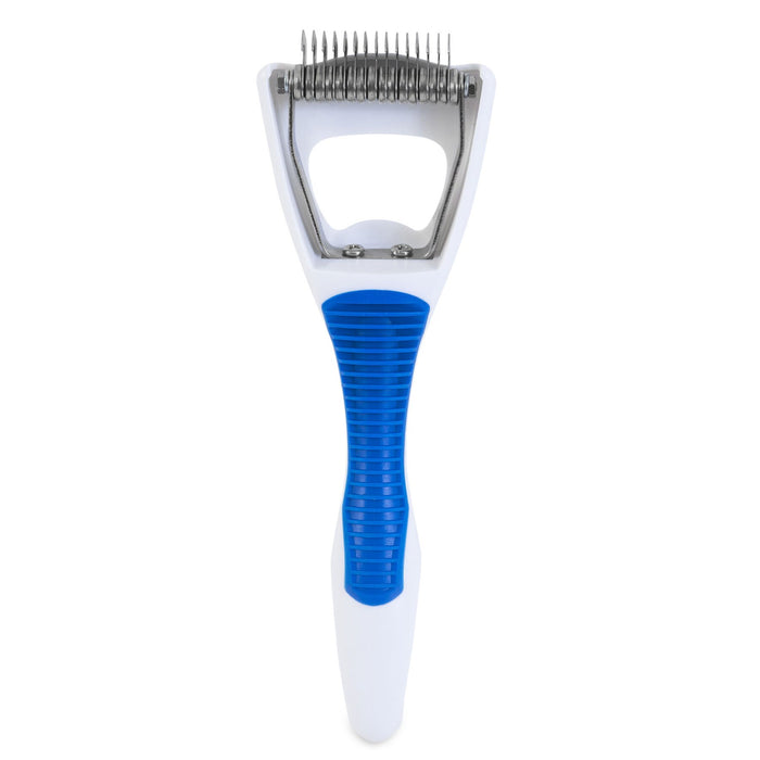 The JW Gripsoft Cat Deshedding Tool by JW Pet is a white and blue grooming tool with a handle and stainless steel blades, designed to remove loose fur and tangles from your cat's coat.