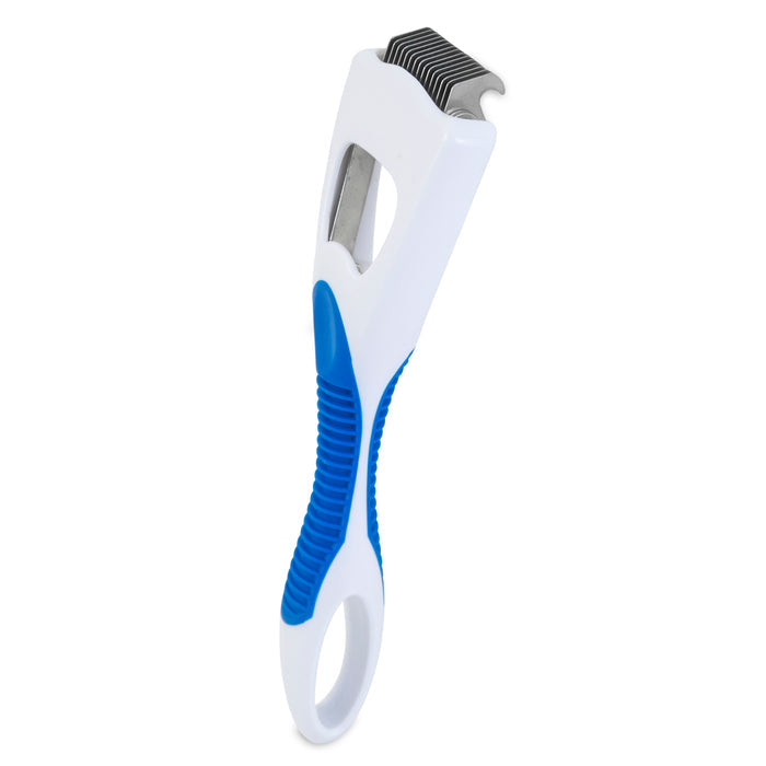 The JW Pet JW Gripsoft Cat Deshedding Tool features a white and blue design, a rubberized handle, and curved stainless steel blades to remove tangles and shedding fur from cats.