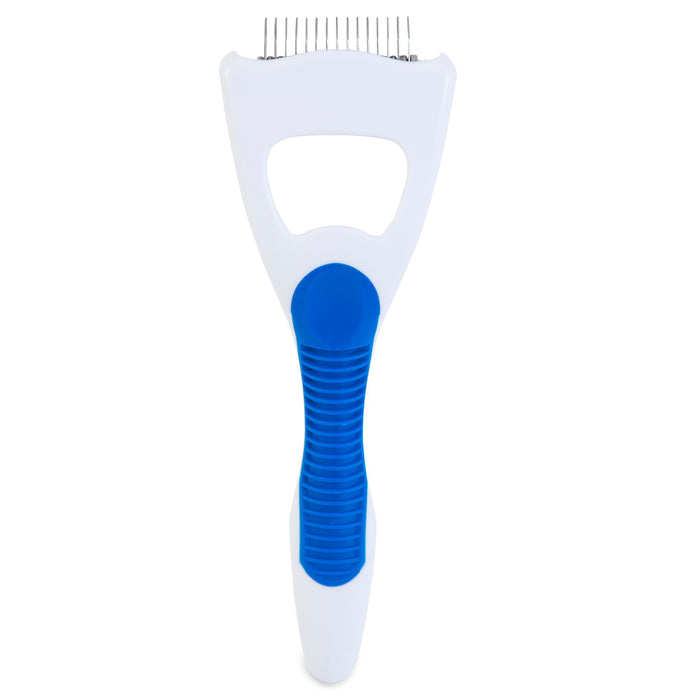 The JW Pet JW Gripsoft Cat Deshedding Tool is a white and blue grooming tool with a wide handle and stainless steel blades, designed to remove loose fur and tangles from your cat’s coat.