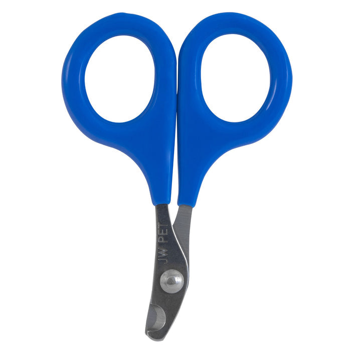 The JW Gripsoft Cat Nail Clipper by JW Pet features blue plastic handles and a metal, rounded-tip blade with a notched edge for safe, precise cat nail trimming, designed specifically for easy grooming.