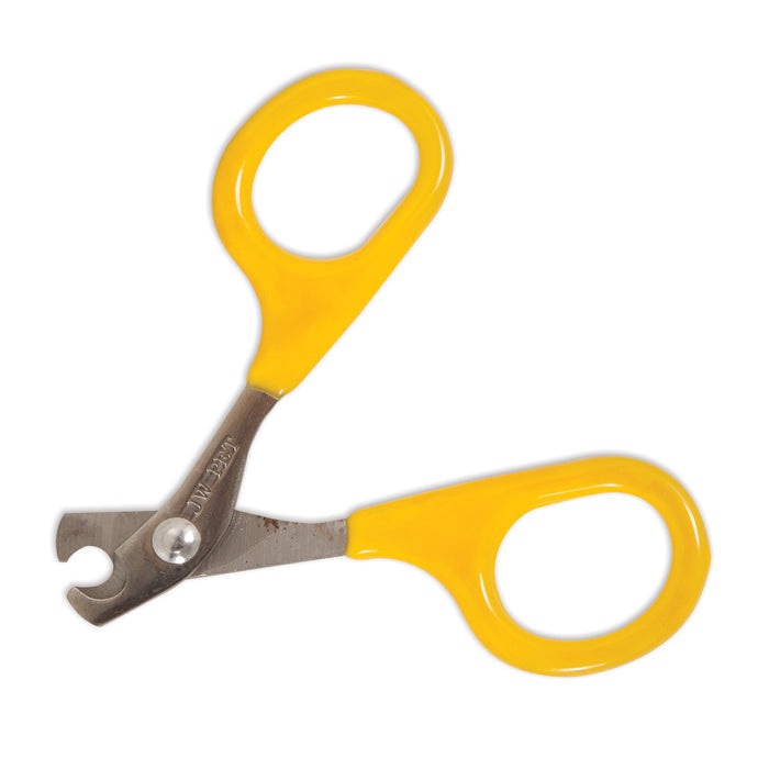 The JW Gripsoft Cat Nail Clipper by JW Pet features yellow plastic handles, stainless steel blades, two finger holes, and a semi-circular cutting edge for safe, precise cat nail trimming.