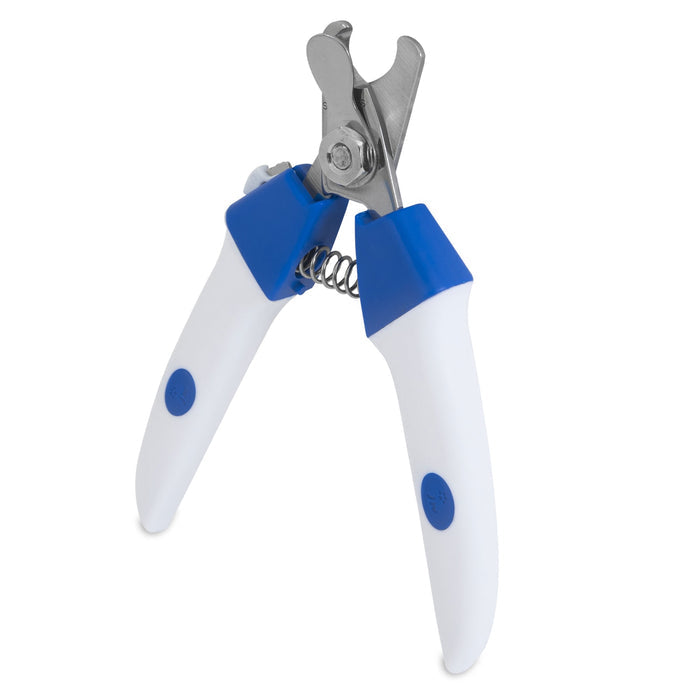 The JW Gripsoft Deluxe Dog Nail Clipper by JW Pet features sharp metal blades, ergonomic GripSoft handles, and a spring mechanism—perfect for easy pet grooming. Shown upright in white and blue on a plain background.