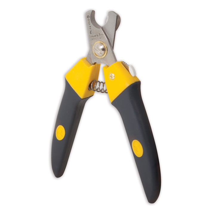 The JW Gripsoft Deluxe Dog Nail Clipper by JW Pet features black and yellow handles, GripSoft technology for comfort, a metal blade, and spring mechanism—ideal for easy and effective pet grooming.