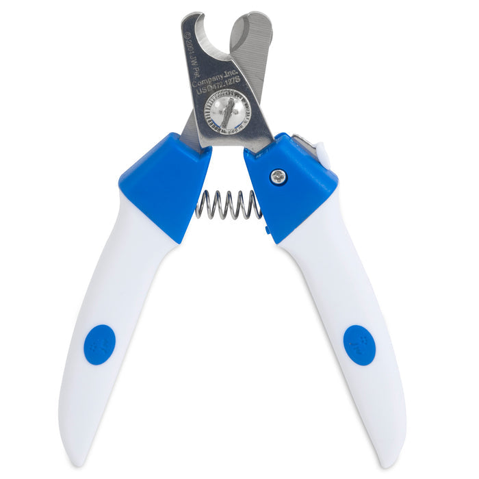 The JW Pet JW Gripsoft Deluxe Dog Nail Clipper features white handles with blue GripSoft grips, a stainless steel blade, safety guard, and spring mechanism for safe and easy pet grooming.