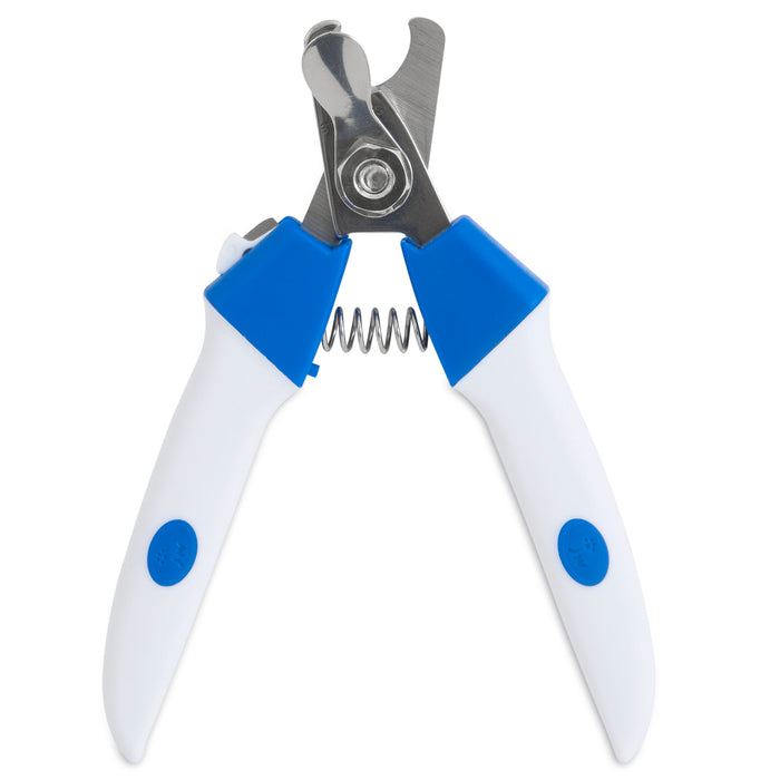 The JW Gripsoft Deluxe Dog Nail Clipper by JW Pet features white handles, blue GripSoft grips, a metal cutting blade, and a visible spring—designed for easy and safe pet grooming.