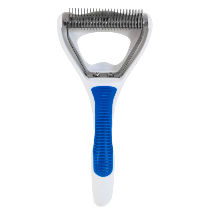 The JW Pet JW Gripsoft Dog Deshedding Tool features a white handle with a blue rubber grip and a metal head with closely spaced curved teeth, designed for effective shedding reduction in dogs.
