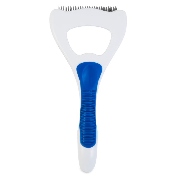 The JW Gripsoft Dog Deshedding Tool by JW Pet is a white and blue brush with a curved handle and metal bristles for easy removal of loose fur and effective shedding reduction in dogs.