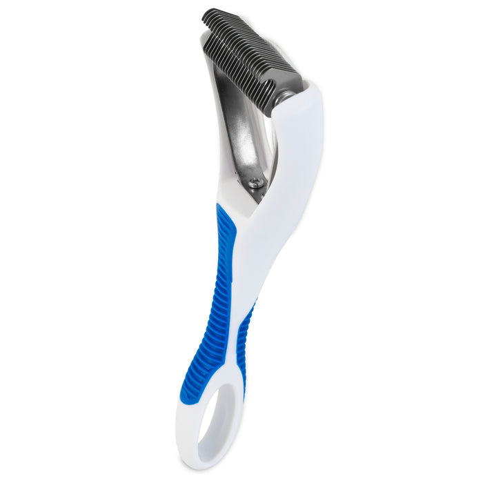 The JW Gripsoft Dog Deshedding Tool by JW Pet is a blue and white grooming tool with metal blades and a loop handle, designed for effective dog deshedding, reducing shedding, and dematting fur.