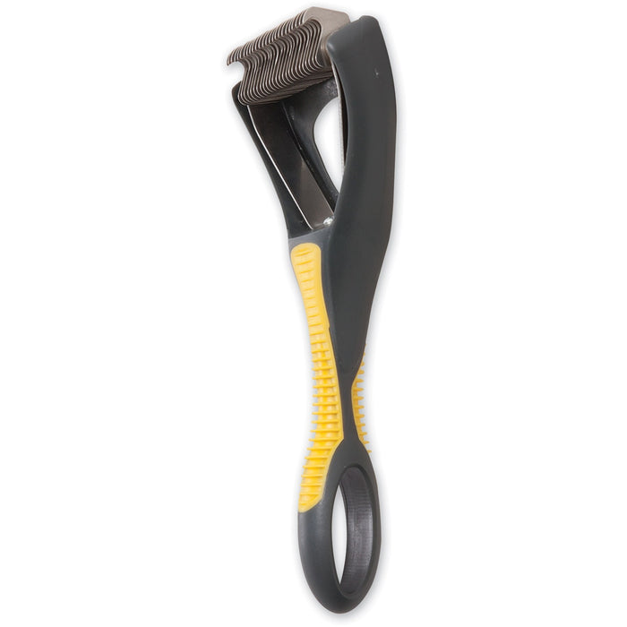 The JW Gripsoft Dog Deshedding Tool by JW Pet features a black and yellow design with a curved handle and multiple metal blades for removing loose fur and tangles while reducing shedding in your pet's coat.
