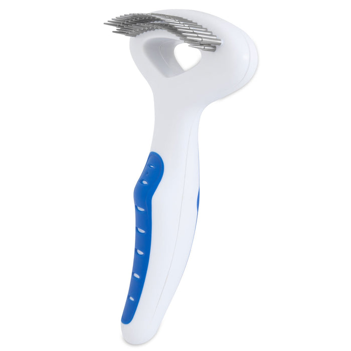 The JW Pet JW Gripsoft Double Row Undercoat Rake Regular Teeth features a curved handle and metal bristles in white and blue, ideal for removing shedding hair, shown on a white background.