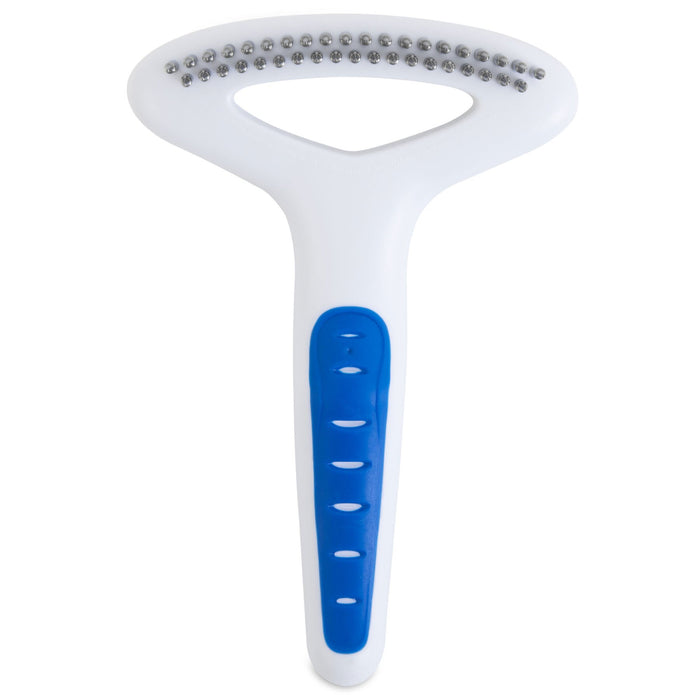 A white and blue tongue scraper with a wide, rounded head and small bristles, designed for effective tongue cleaning—similar to the JW Pet JW Gripsoft Double Row Undercoat Rake Regular Teeth used for removing shedding hair in dogs.