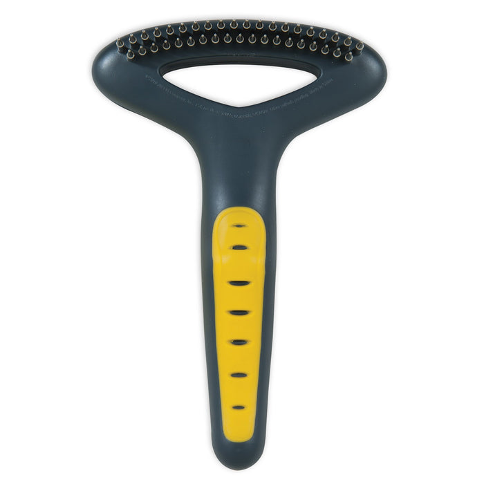 The JW Pet JW Gripsoft Double Row Undercoat Rake Regular Teeth is a dark gray dog grooming brush with a yellow grip and rounded metal bristles for removing shedding hair, pictured from above on a white background.